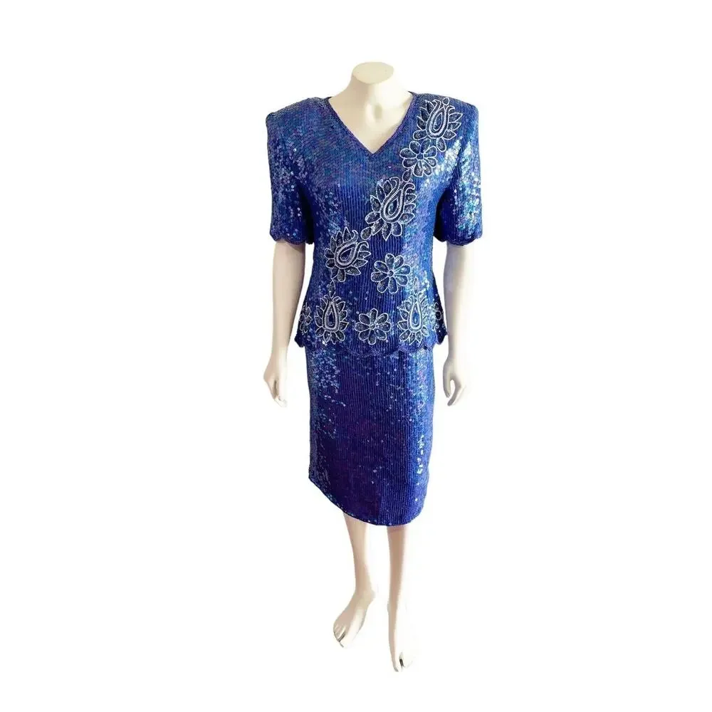 Stenay Purple Sequin Two Piece Top and Skirt Set Size 8 1980s 80s